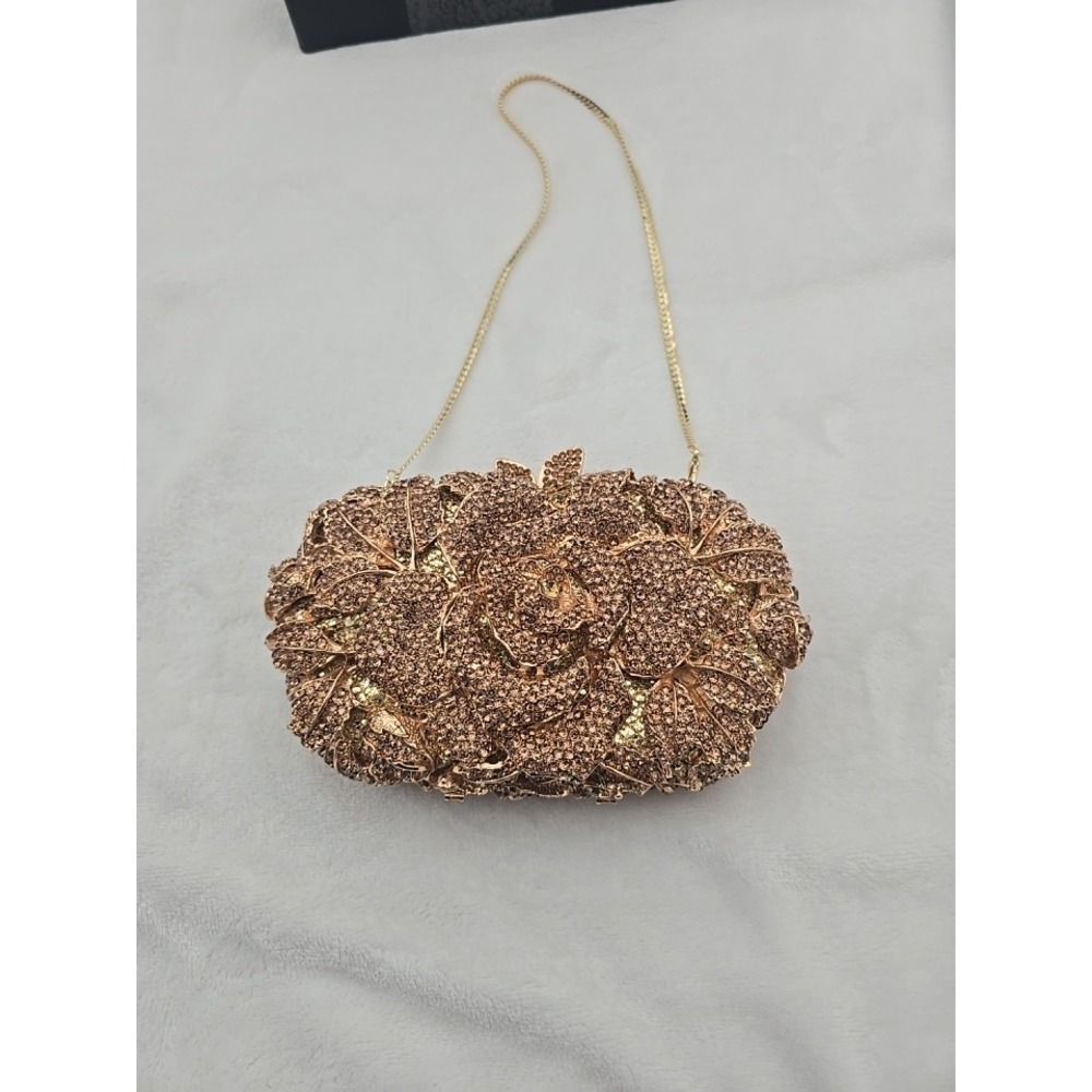 Gold Tone Metal Brown Crystal Rhinestone Rose 🌹 Clutch Evening Bag Hcbg833276-9